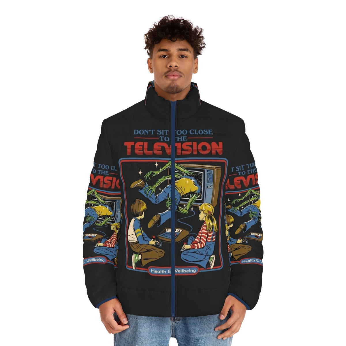 Retro gaming puffer jacket with horror-themed design - men front