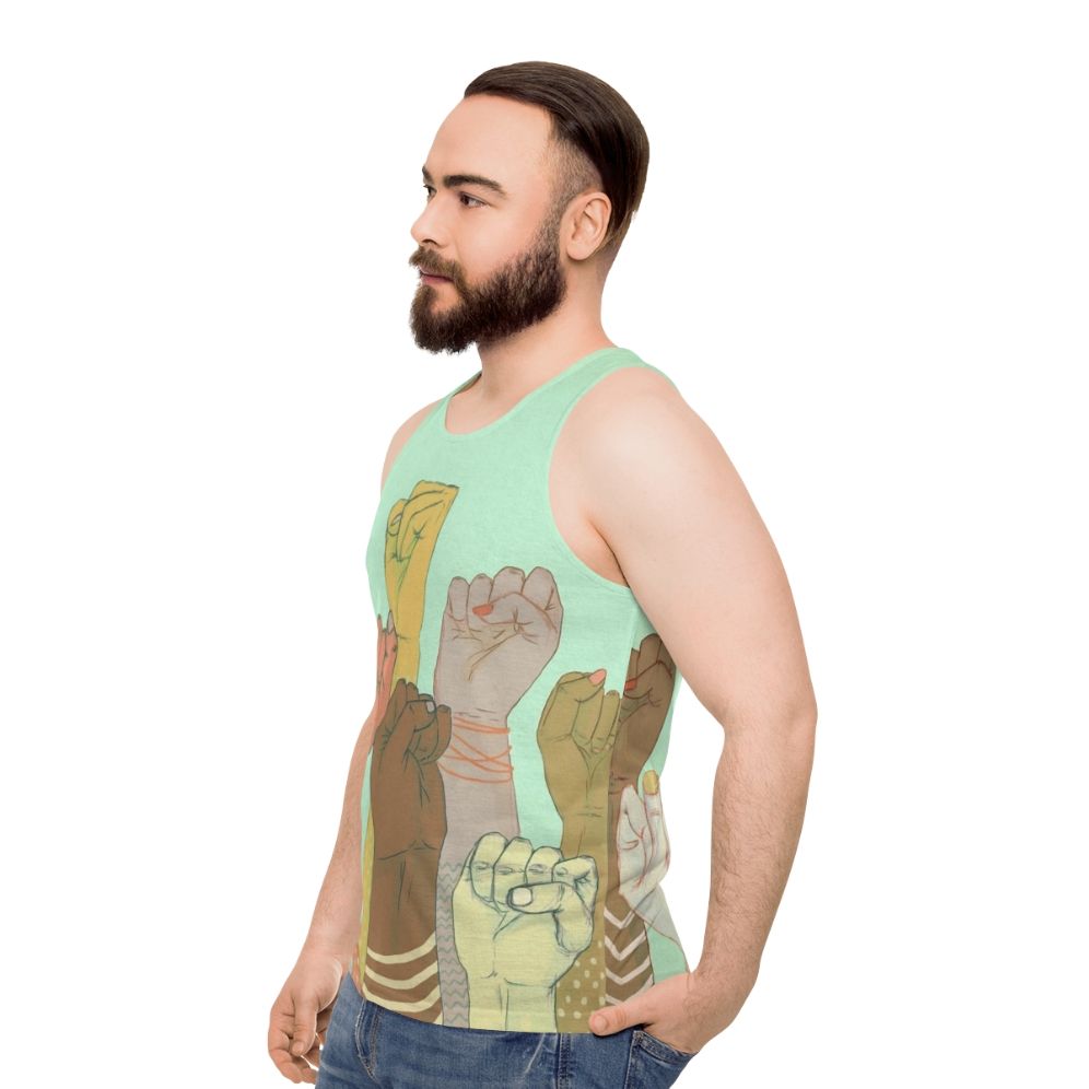 Unisex tank top with colorful arm pattern design representing diversity and unity - men side