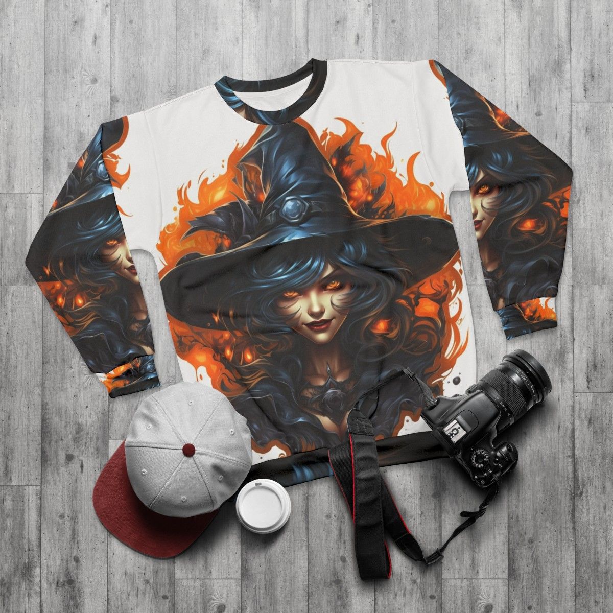 Creepy Halloween Witch with Eerie Look Sweatshirt - flat lay