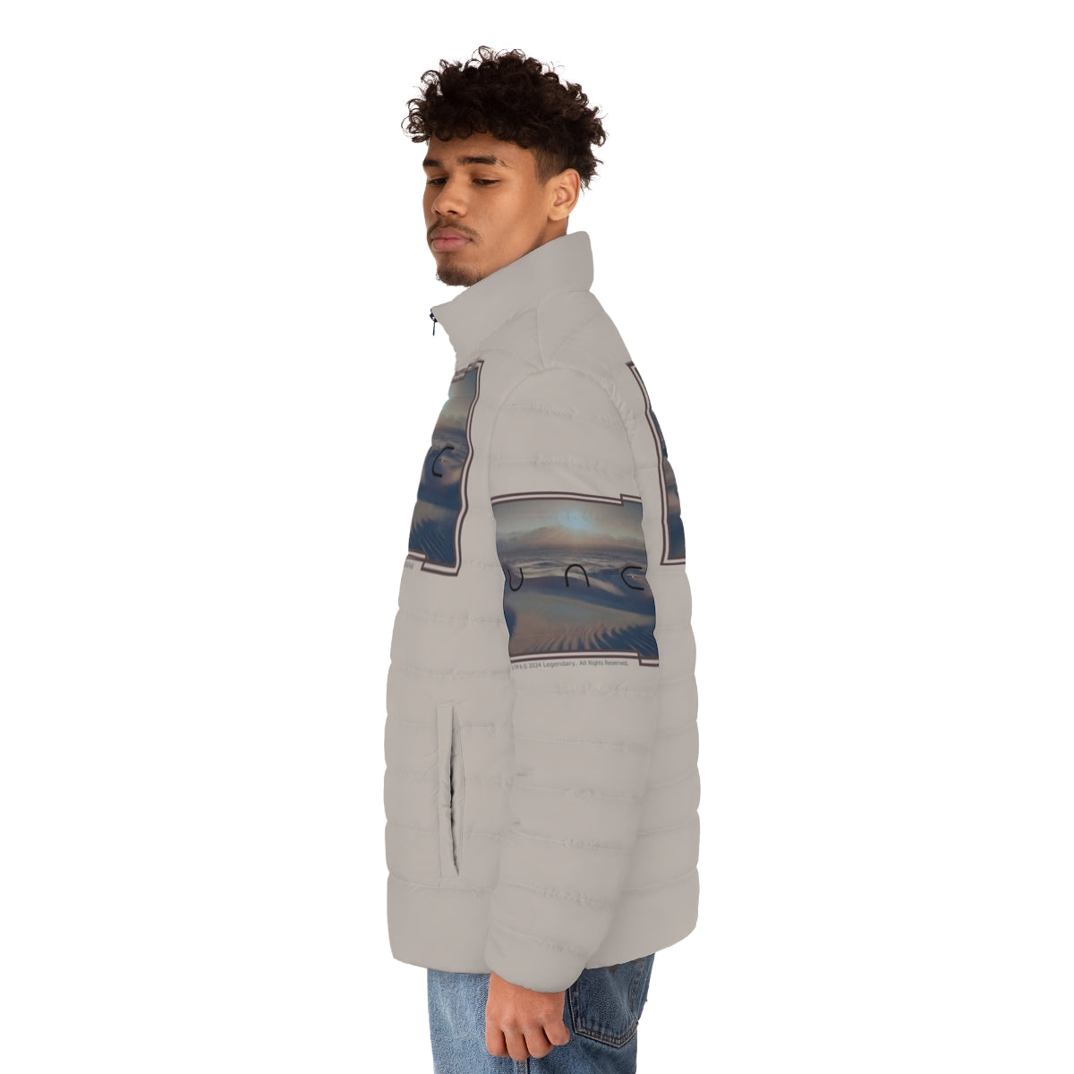 Greyish beige puffer jacket with a Dune-inspired desert aesthetic - men side left