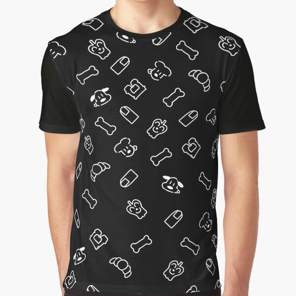 Inugami Korone wearing a black and white camisole pattern graphic t-shirt with dog, bone, and bread tag design elements.