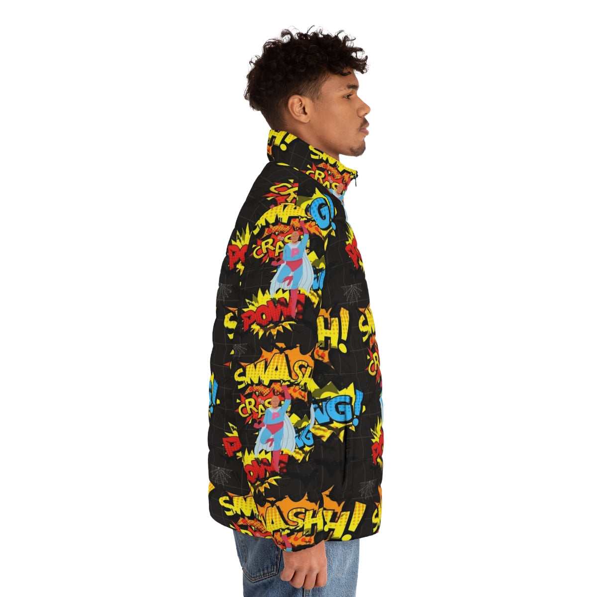 Classic hero puffer jacket with superhero design - men side right