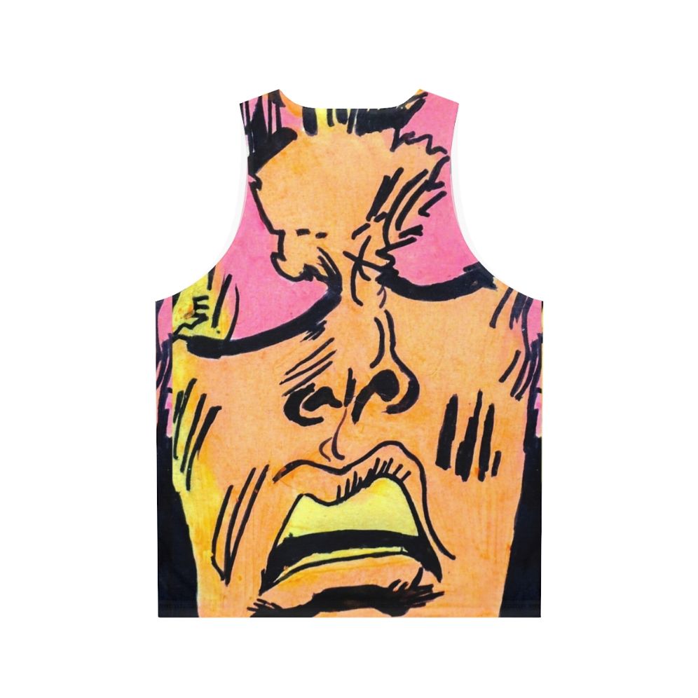 Retro comic art unisex tank top with expressive superhero faces - Back