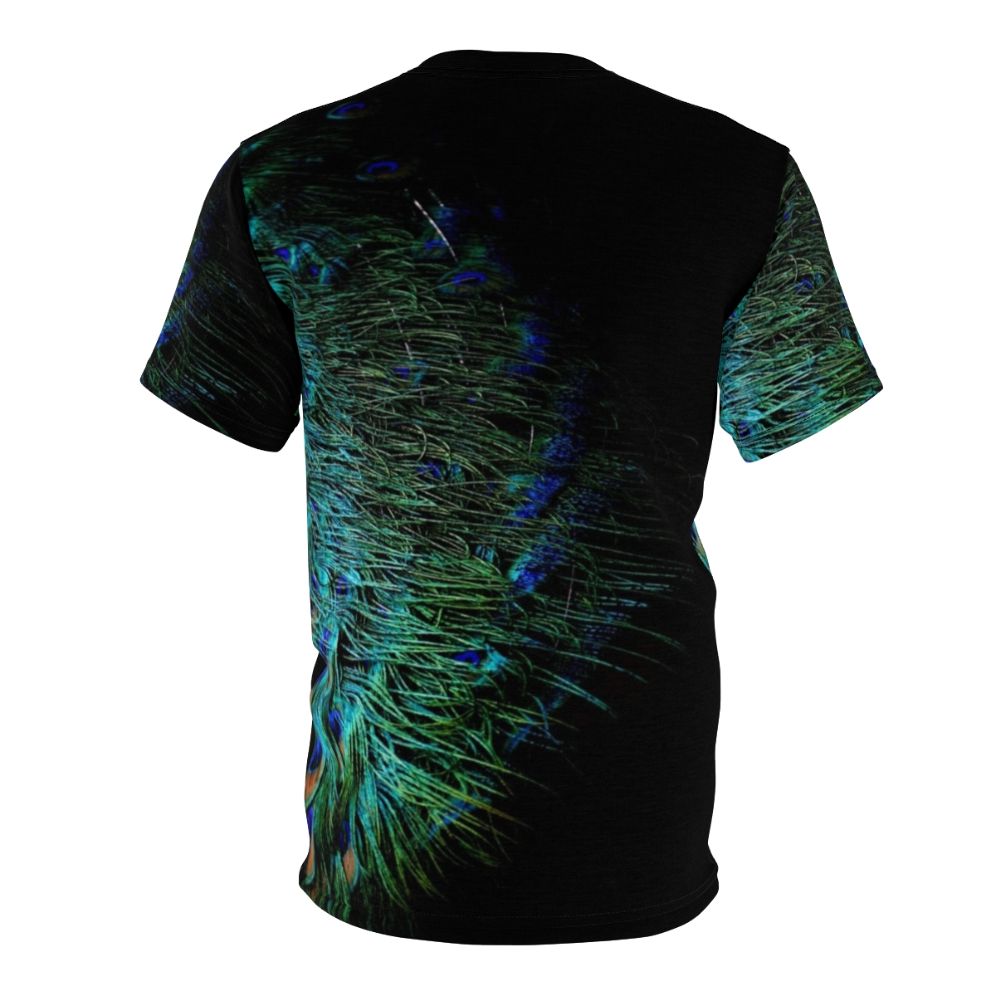 A stylish t-shirt featuring a bold and vibrant peacock feather design against a black background. - Back