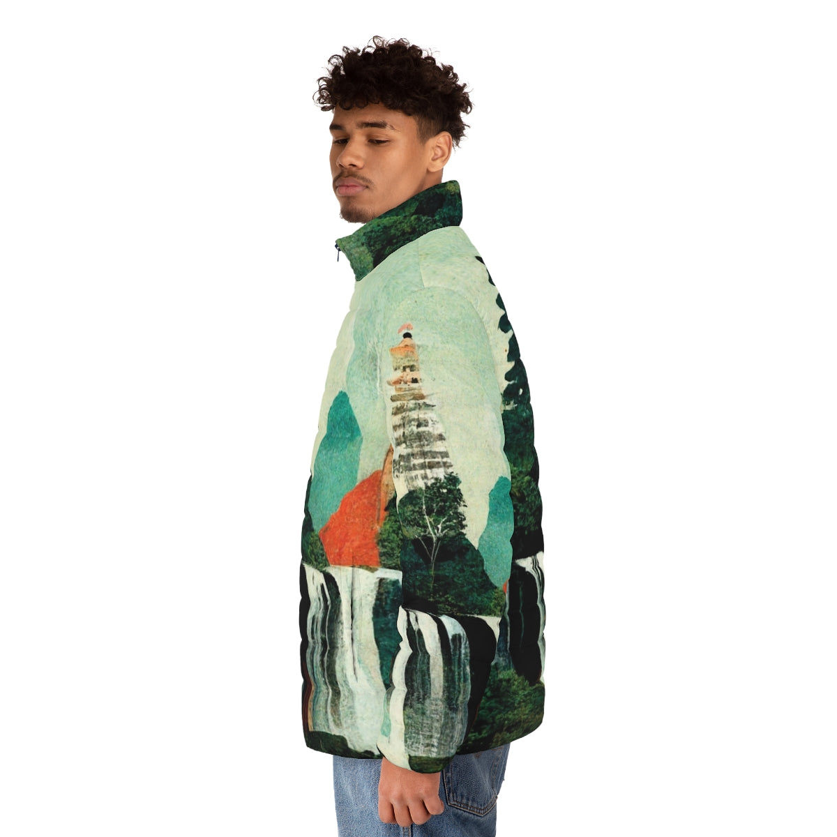 Waterfall artwork puffer jacket with a collage of beautiful waterfalls and nature scenery - men side left