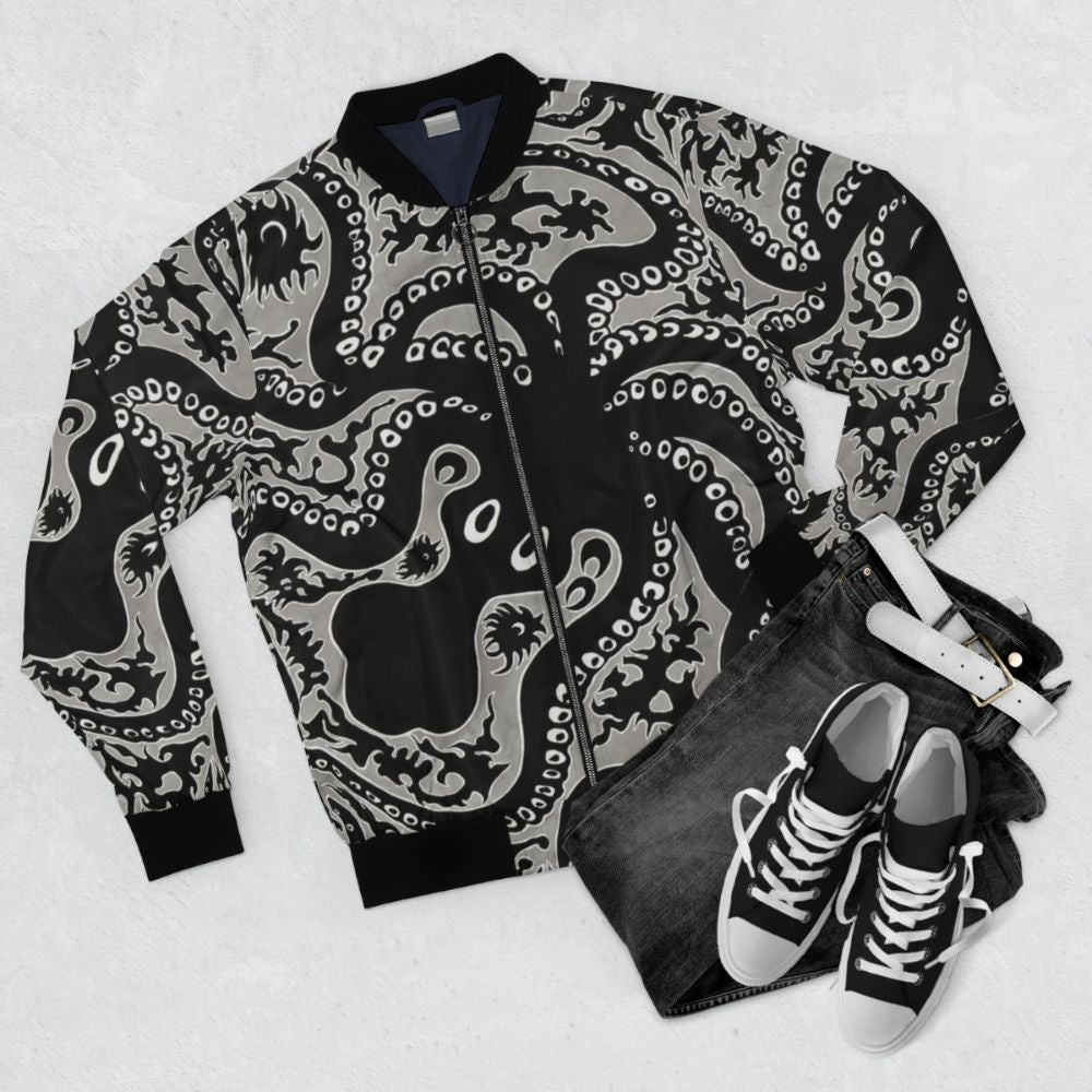 Octopus bomber jacket with a Minoan-inspired cephalopod design - Flat lay