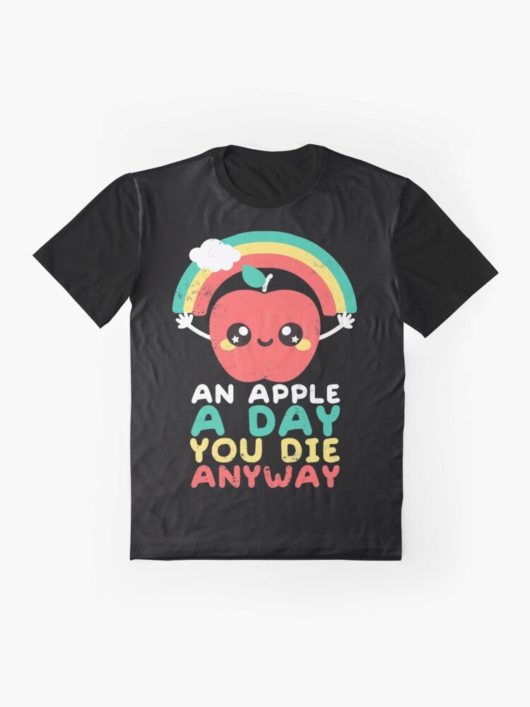 Funny graphic t-shirt with a sarcastic "An apple a day, you die anyway" quote and a rainbow-colored apple - Flat lay