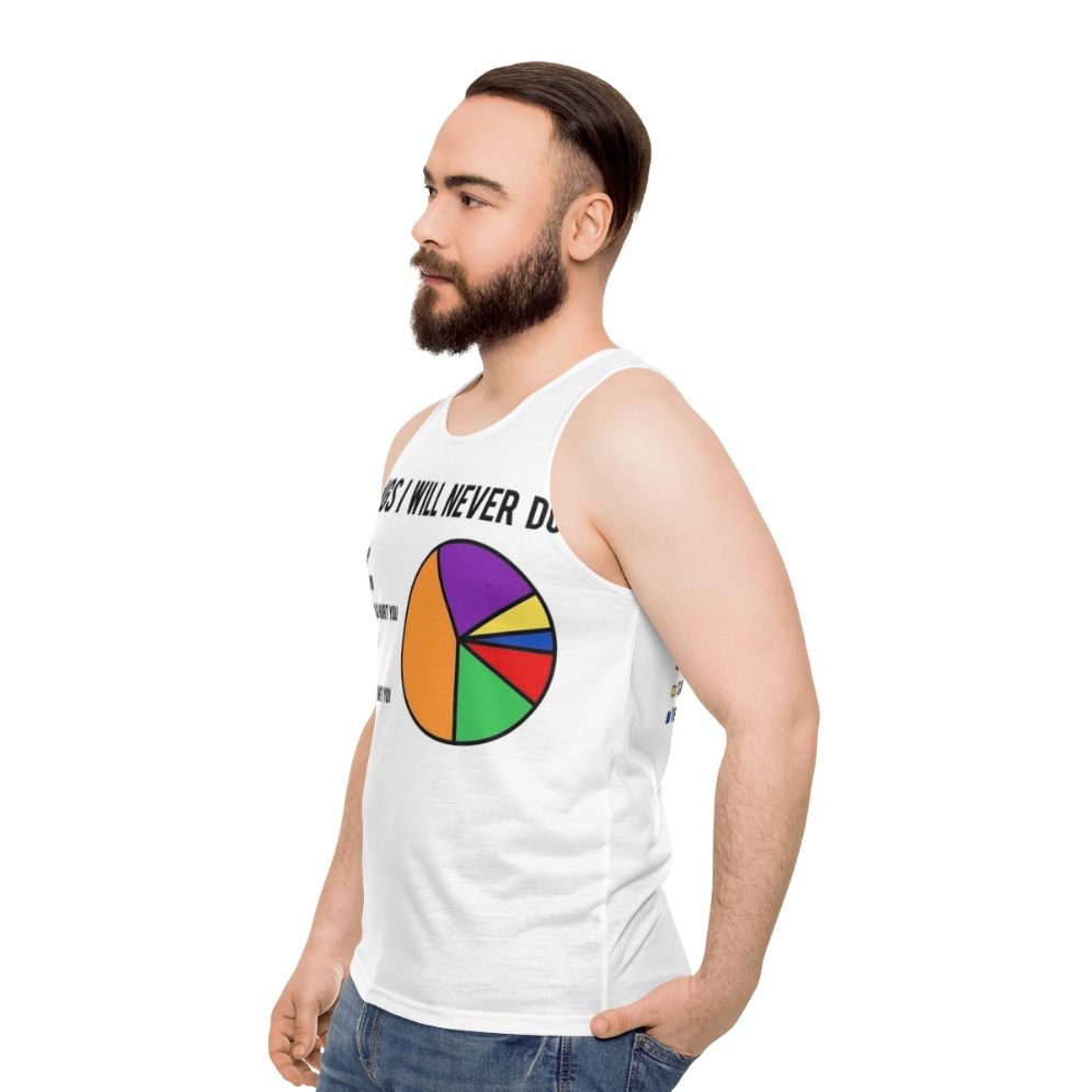 Unisex tank top featuring the "Never Gonna Give You Up" music joke - men side