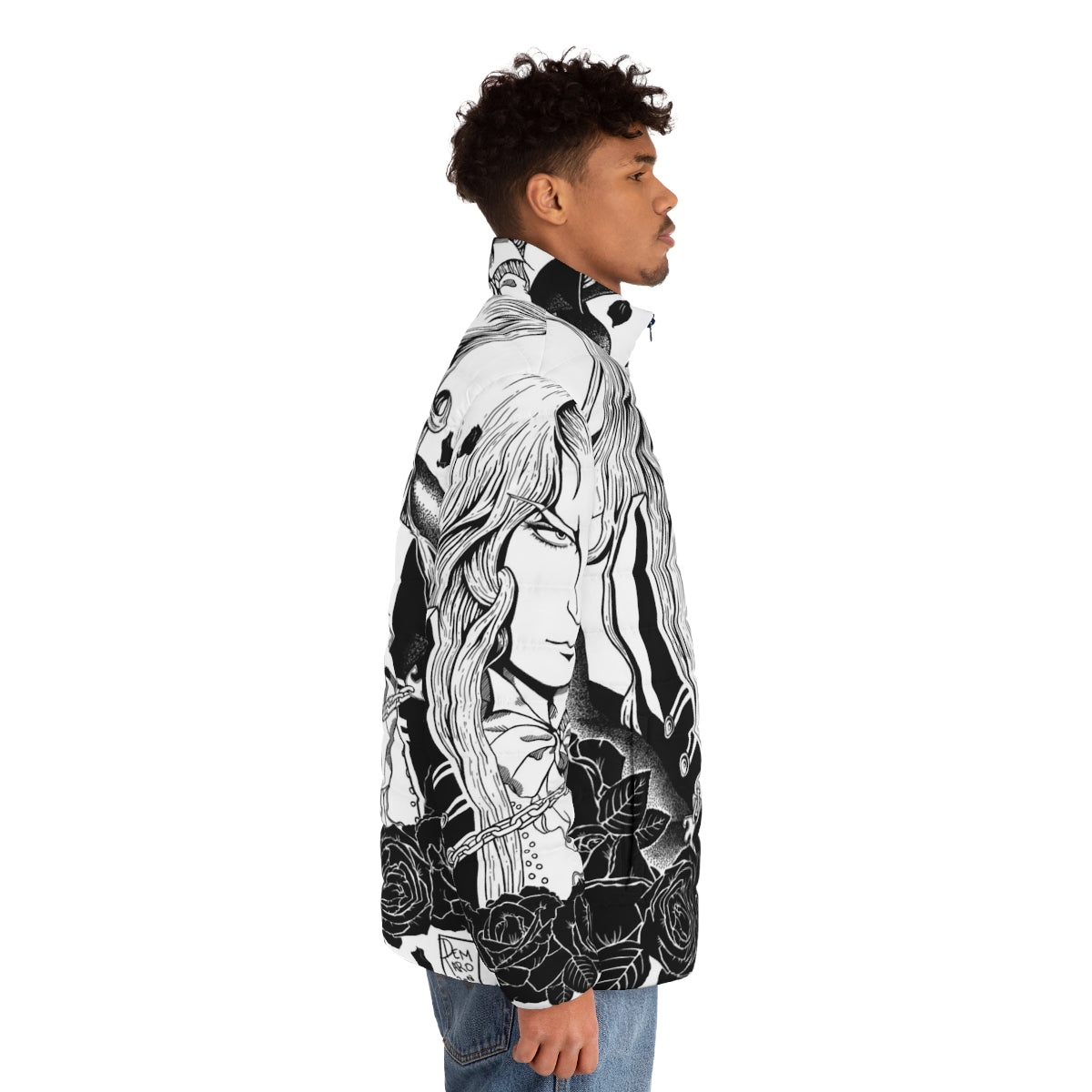 Alucard from Castlevania puffer jacket with anime and video game inspired design - men side right