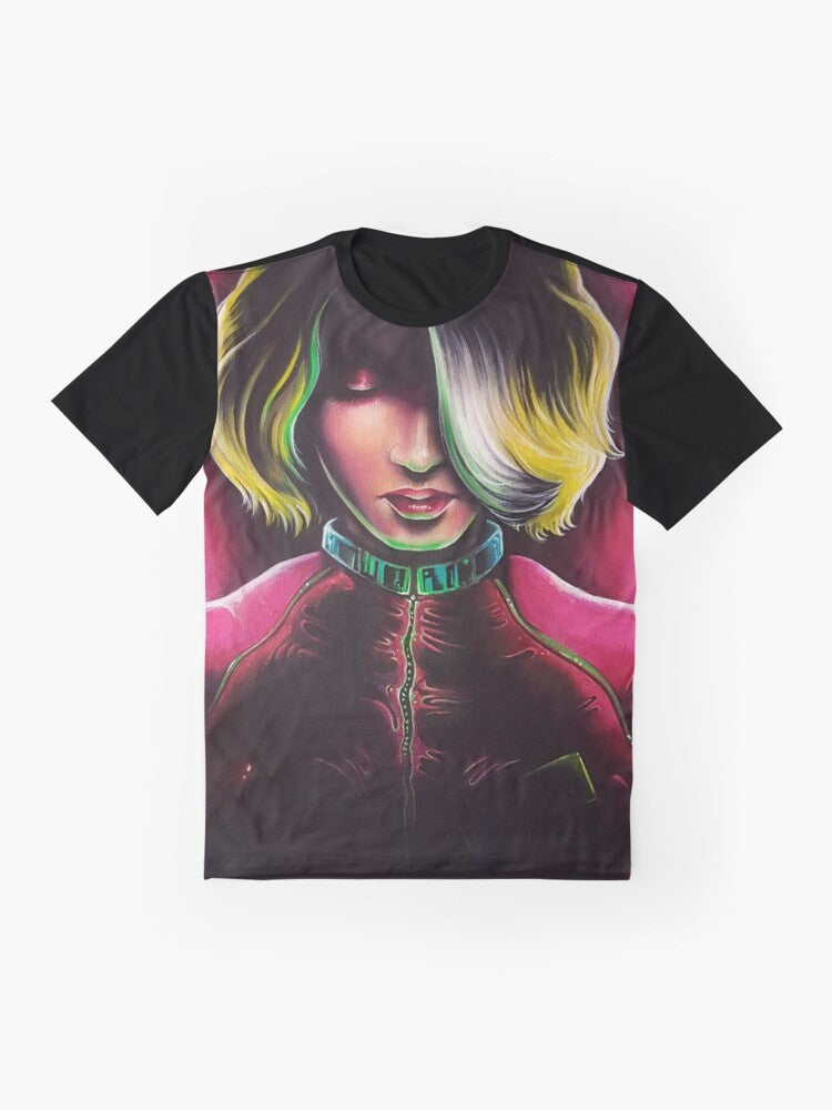 Eco-friendly "Blight" graphic t-shirt with a cartoon design of a girl in a pink and magenta outfit standing in front of a polluted planet - Flat lay