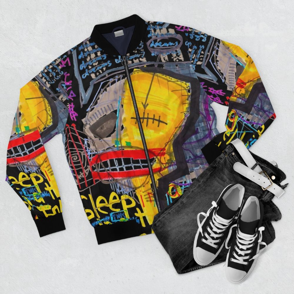 Mijumi art abstract bomber jacket with text "Sleeping in a Hotel Built on Fear & Love" - Flat lay