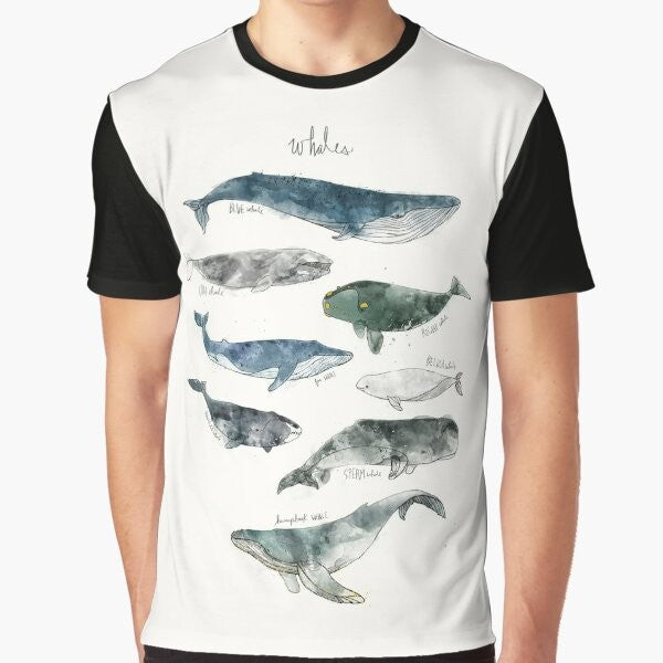 Watercolor illustration of whales, including humpback and beluga whales, on a graphic t-shirt.