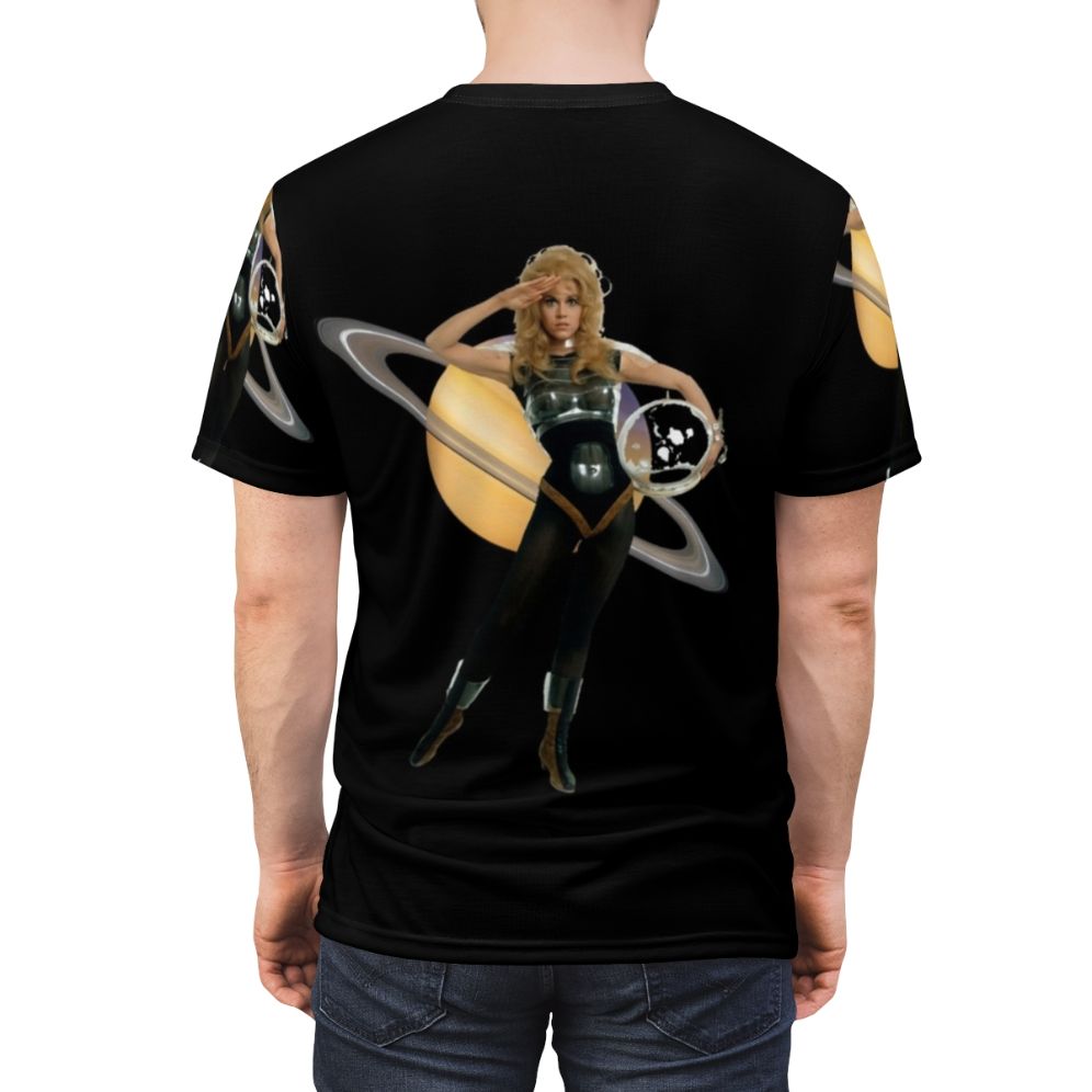 Barbarella inspired t-shirt featuring a graphic print of the planet Saturn and cosmic galaxy elements - men back