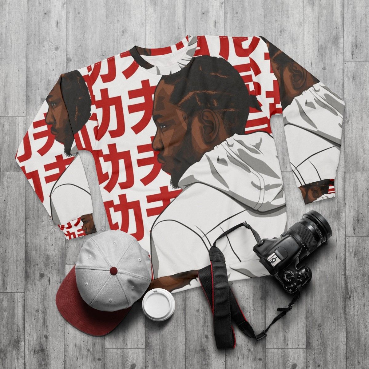 Kendrick Lamar Kung Fu Kenny Sweatshirt with digital art illustration - flat lay