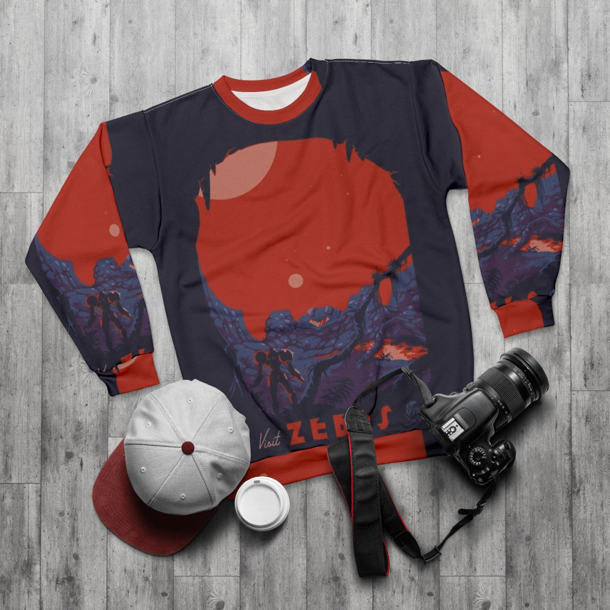 "Metroid-inspired 'Visit Zebes' Retro Sweatshirt" - flat lay