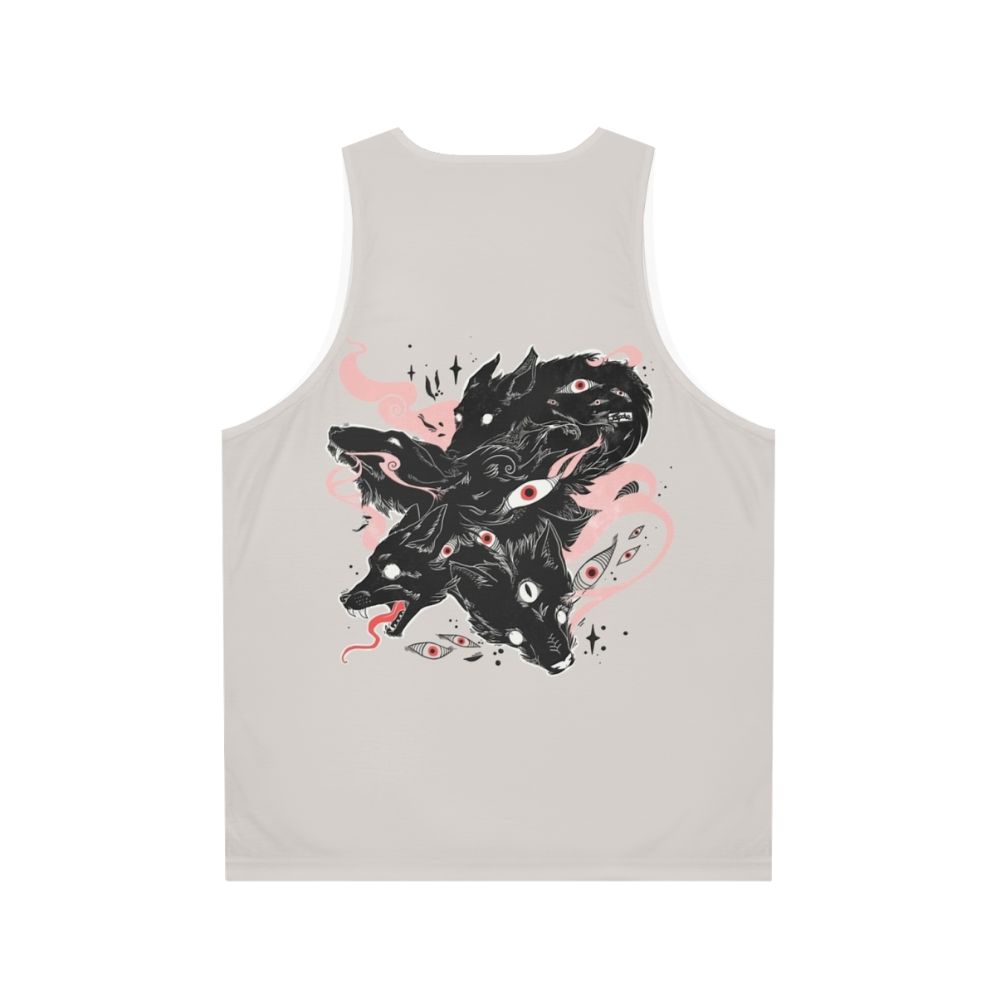 Unisex tank top featuring a design with wild wolves and many creepy eyes - Back