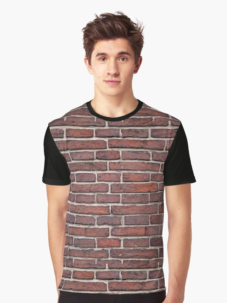 Brick wall graphic t-shirt with a solid, textured masonry pattern in red and grunge tones - Men