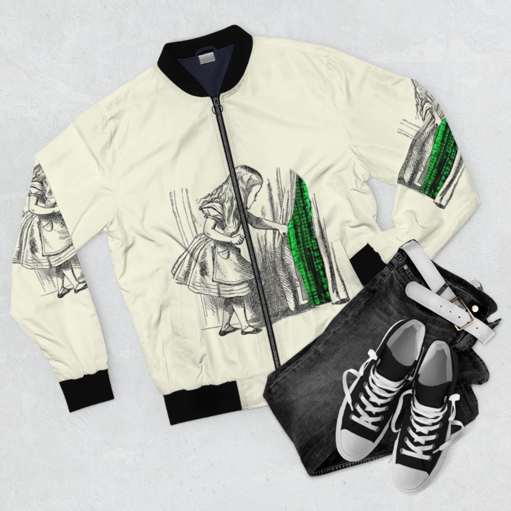 Alice in Wonderland "Follow the White Rabbit" Bomber Jacket with Matrix-inspired design - Flat lay