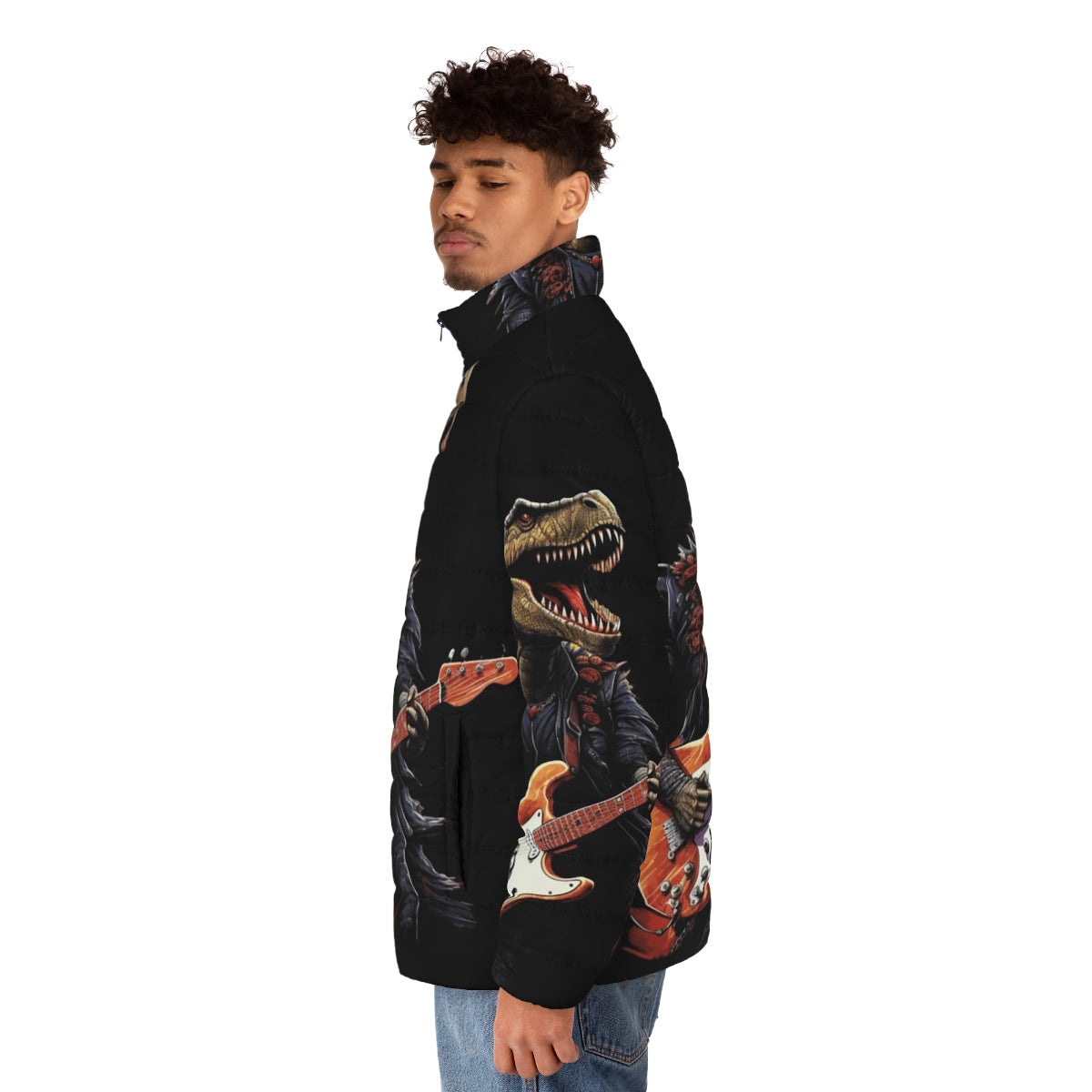 A dinosaur playing a guitar on a puffer jacket, a fun and unique prehistoric rock music lover gift. - men side left