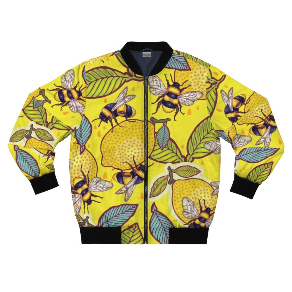 Yellow bomber jacket with bee and garden design