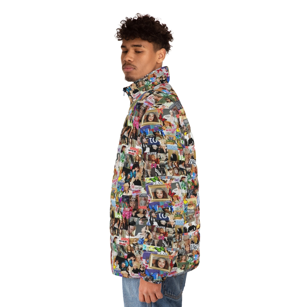 Meryl Streep Collage Puffer Jacket featuring a vibrant photographic collage of the iconic actress - men side left