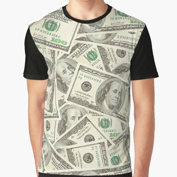 "100 Dollar Bills Graphic T-Shirt featuring a pattern of hundred dollar bills and Benjamin Franklin's portrait"