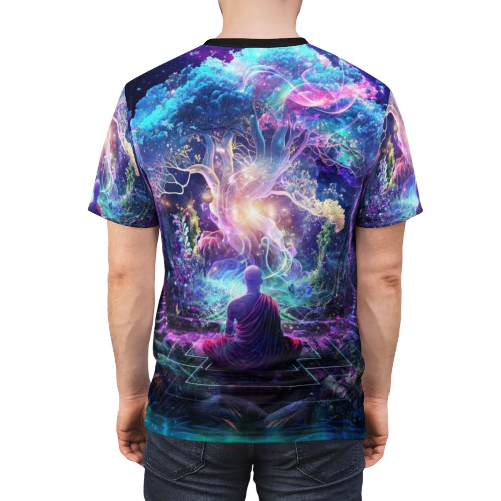 Visionary art t-shirt featuring a cosmic, jungle-inspired design with blue, neon, and spiritual elements. - men back