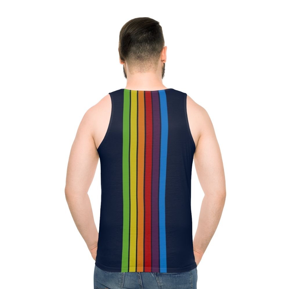 Unisex tank top in pacific blue with a minimalist retro design - men back