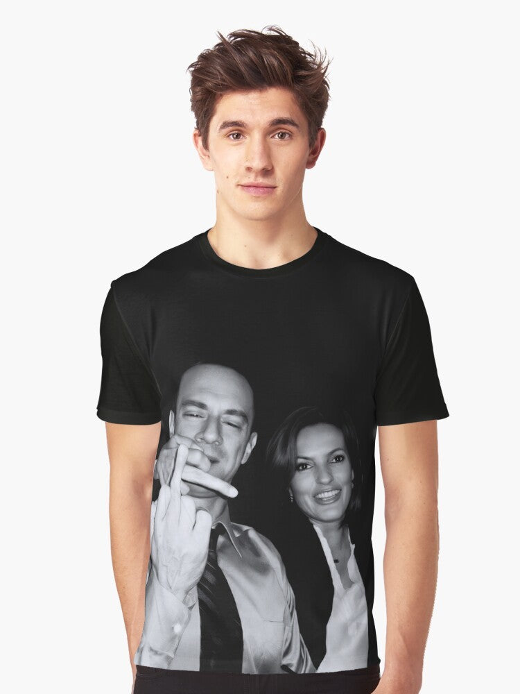 Graphic t-shirt design featuring the actors who play Elliot Stabler and Olivia Benson from the TV series "Law & Order: Special Victims Unit" making a defiant gesture. - Men