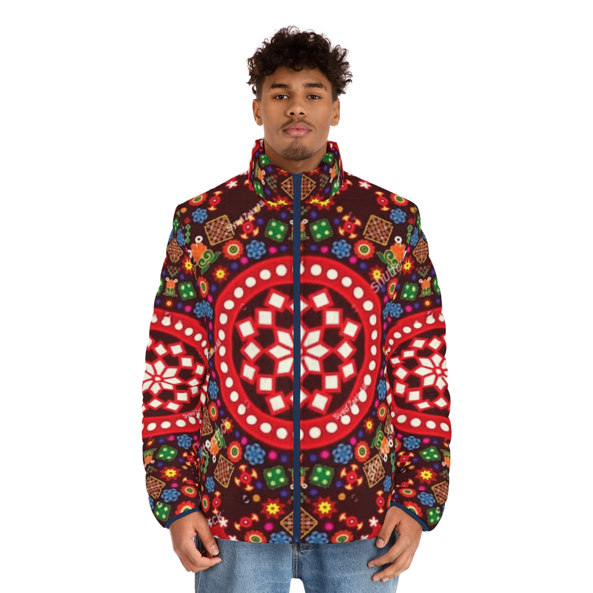 Sindhi culture design puffer jacket featuring traditional artwork - men front