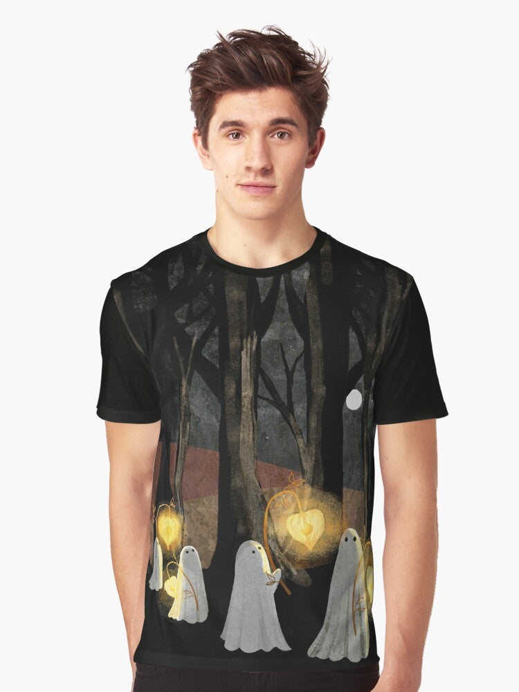 Spooky ghost parade graphic t-shirt with full moon, haunted forest, and glowing lanterns - Men