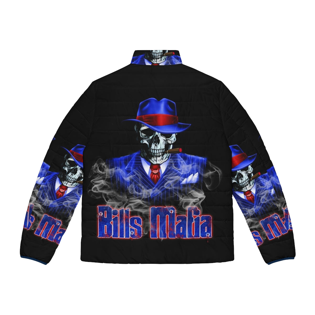 Bills Mafia Puffer Jacket featuring a bold skeleton and skull design - Back