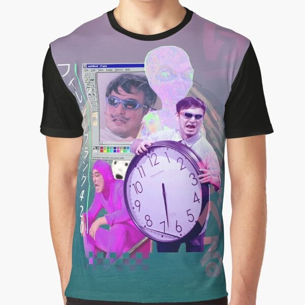 A stylish and vibrant t-shirt featuring the Filthy Frank character and 420 design elements in a vaporwave aesthetic.