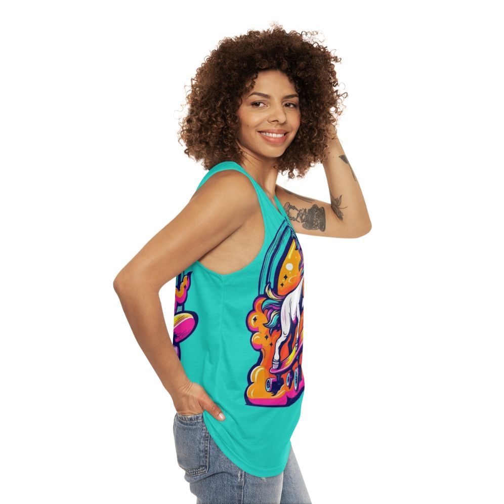 Neon unicorn skateboarding unisex tank top - women side