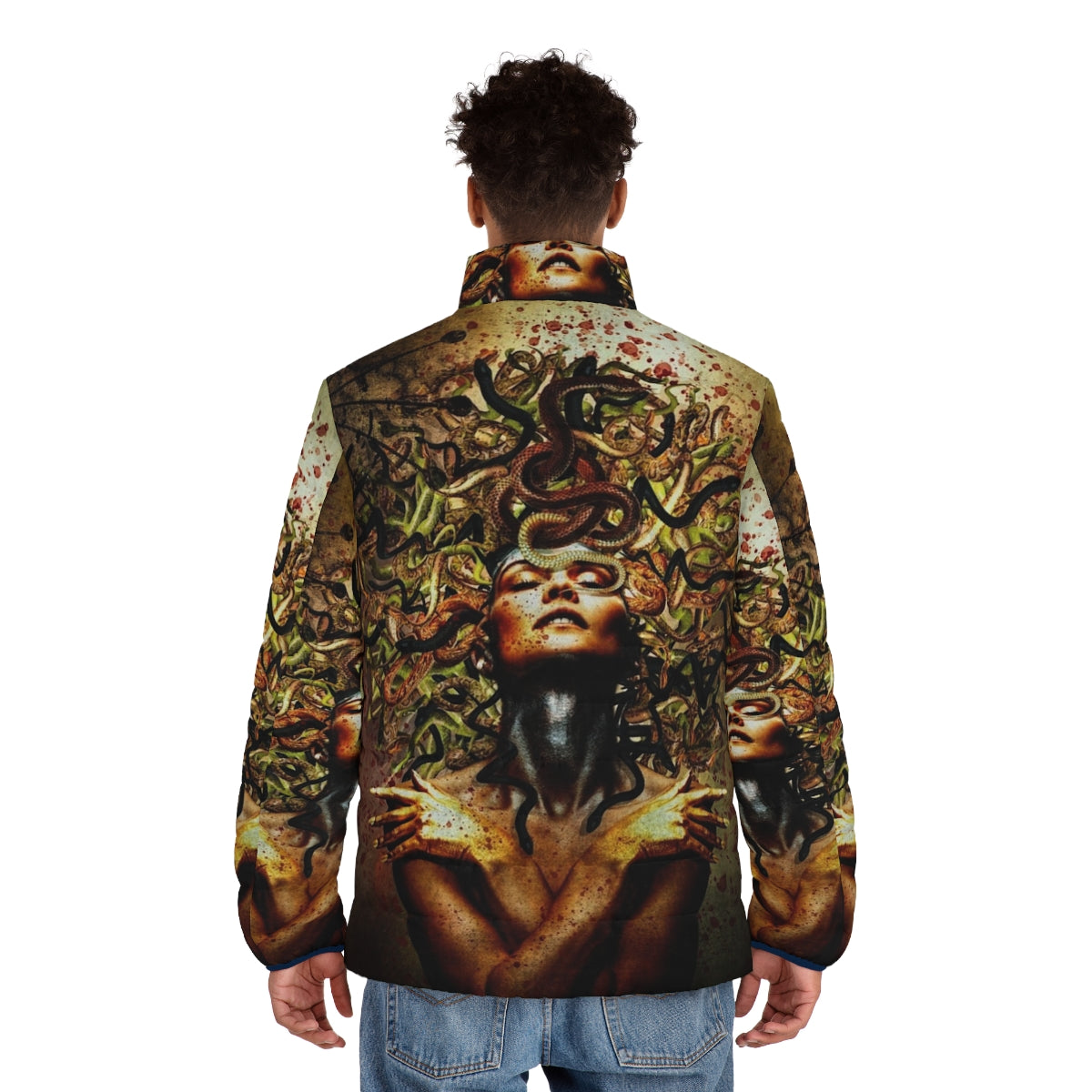 Stheno Surrealist Puffer Jacket featuring a medusa and snake design for a captivating, artistic fashion statement - men back