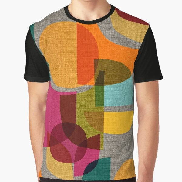 Mid century inspired kaleidoscope graphic on a t-shirt