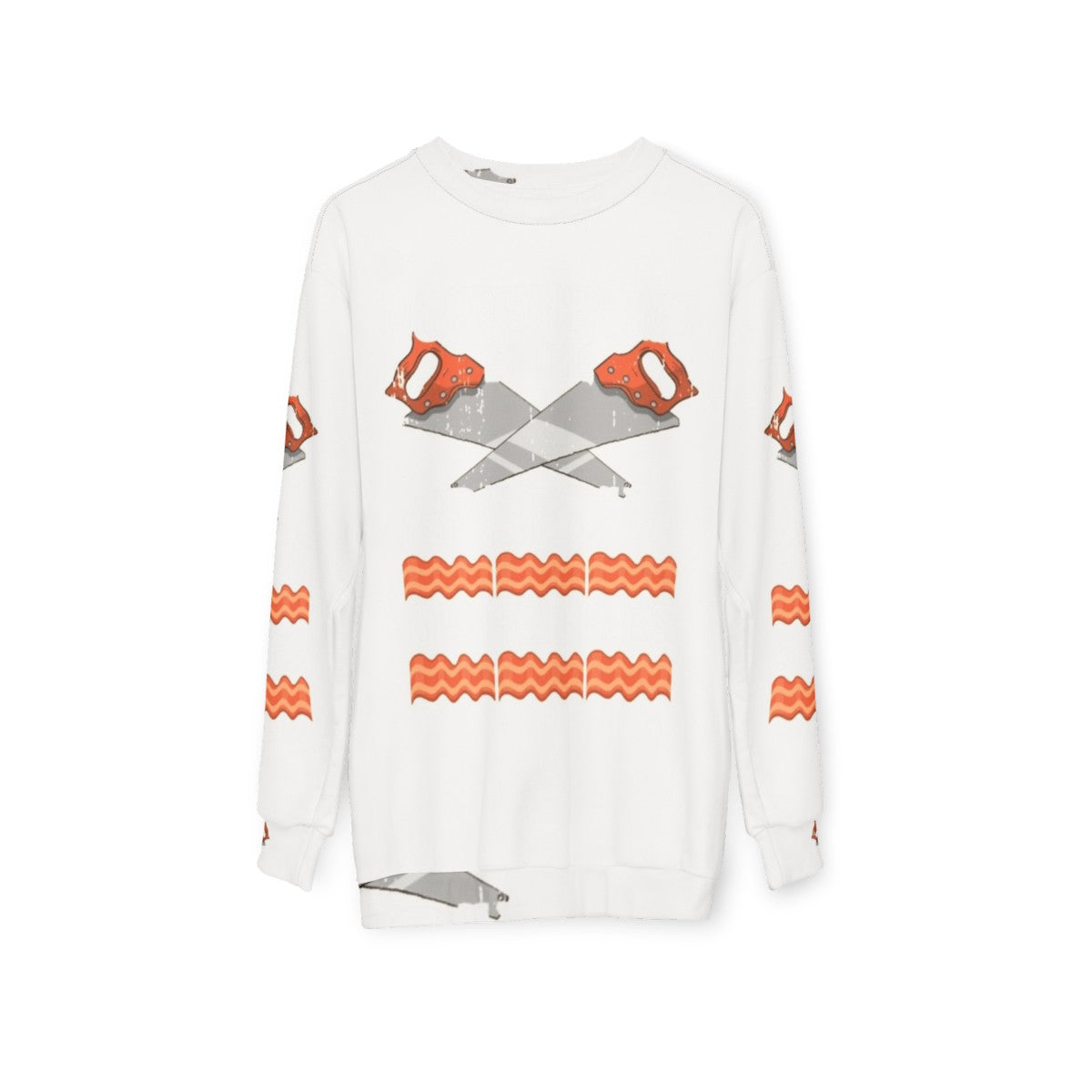 Carpenter sweatshirt with "The Bacon of Hobbies" text - hanging