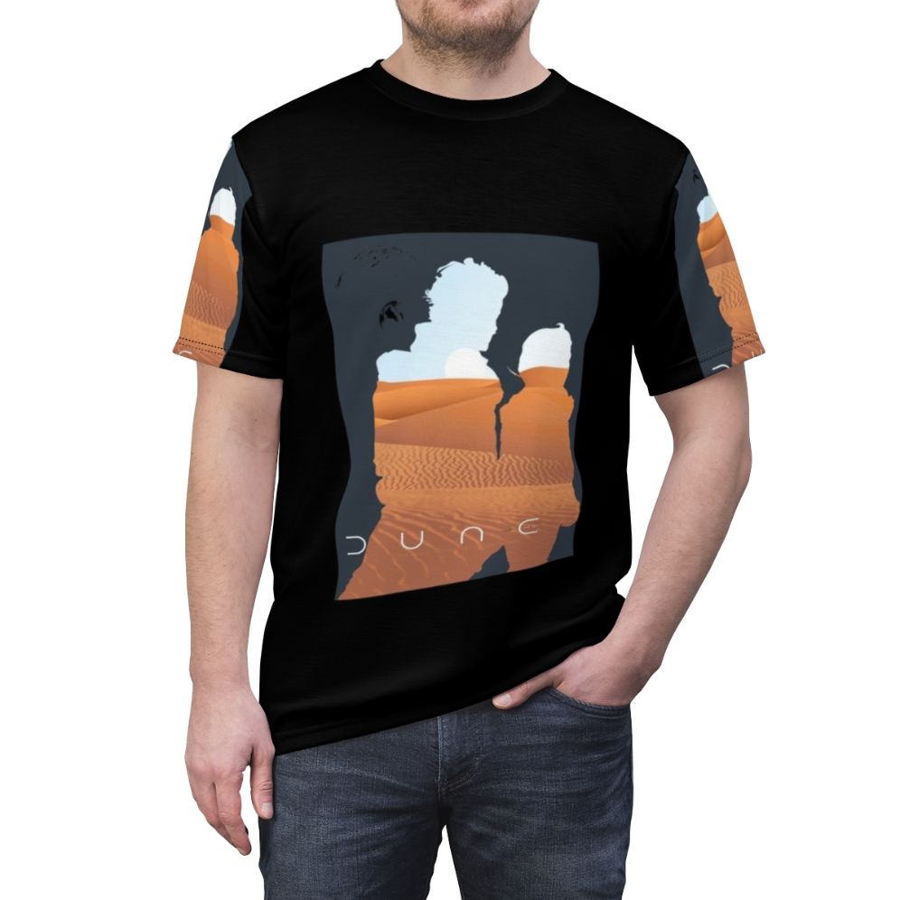 A high-quality all-over-print t-shirt featuring a dune landscape with the moons of Arrakis, inspired by the Dune science fiction series. - men front