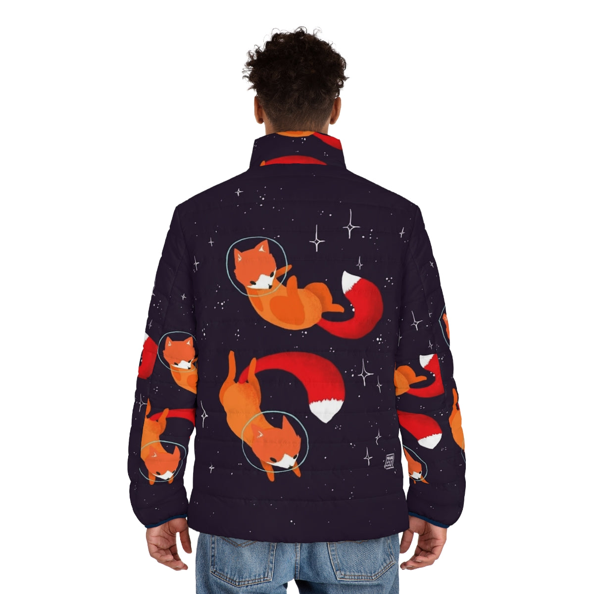 Puffer jacket featuring a digital illustration of cute space foxes in a starry galaxy - men back