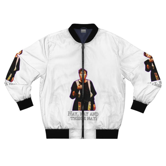 Bomber jacket with pop art design inspired by the TV show "Up Pompeii" and Frankie Howerd's character Lurcio