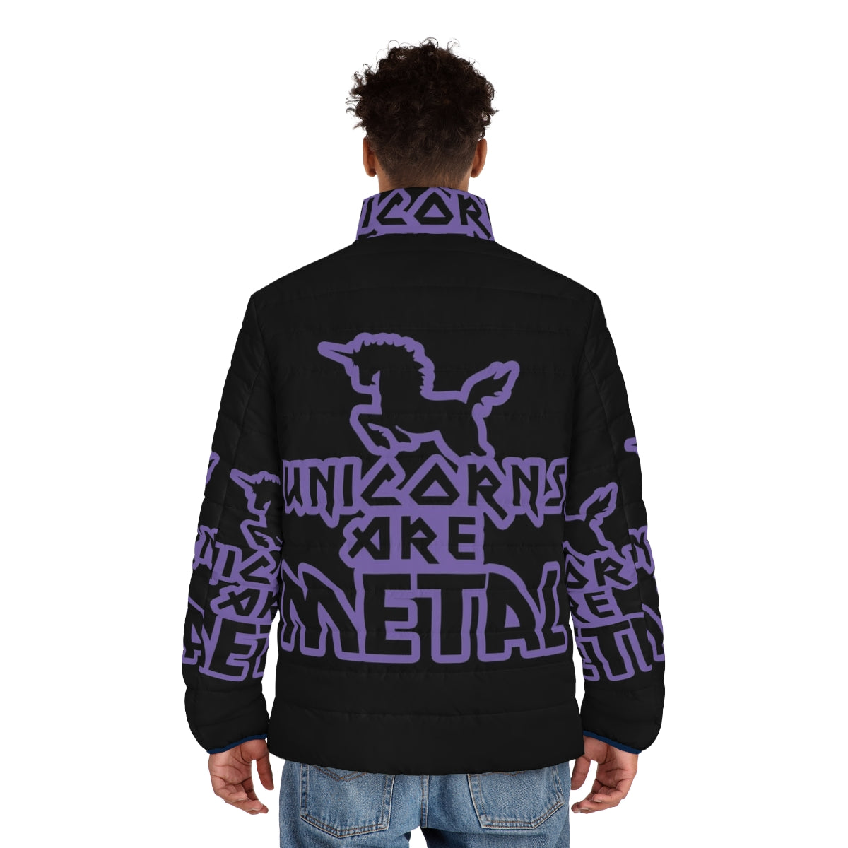 Unicorns Metal Puffer Jacket featuring a metallic purple design and heavy metal-inspired graphics - men back