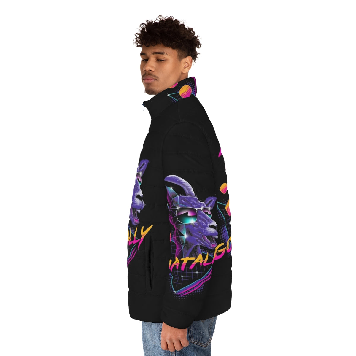 Goatally Puffer Jacket - A neon retro puffer jacket featuring a goat graphic for the ultimate synthwave style - men side left