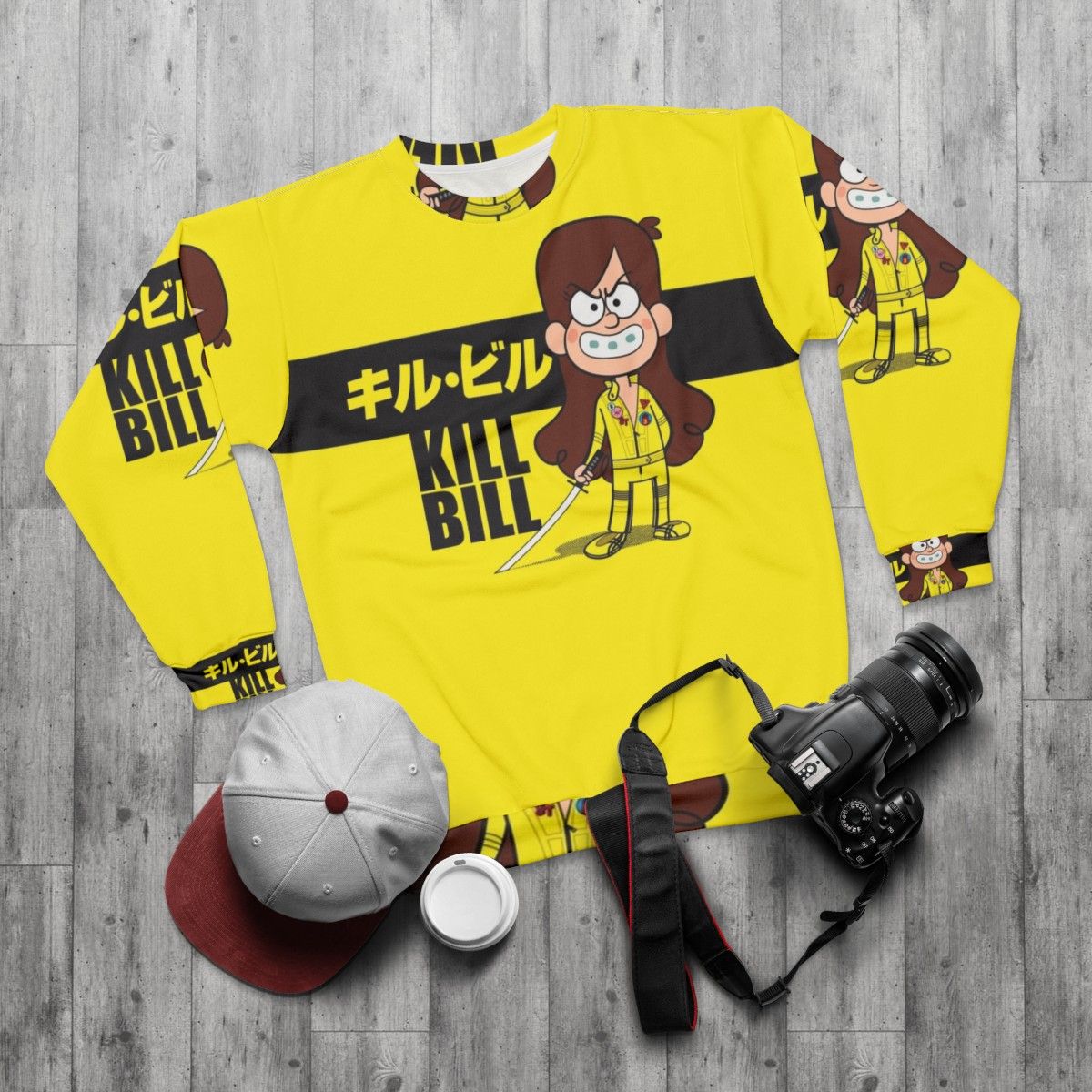 Kill Bill Gravity Falls Inspired Sweatshirt Featuring Dipper, Mabel, Grunkle Stan, and Bill Cipher - flat lay