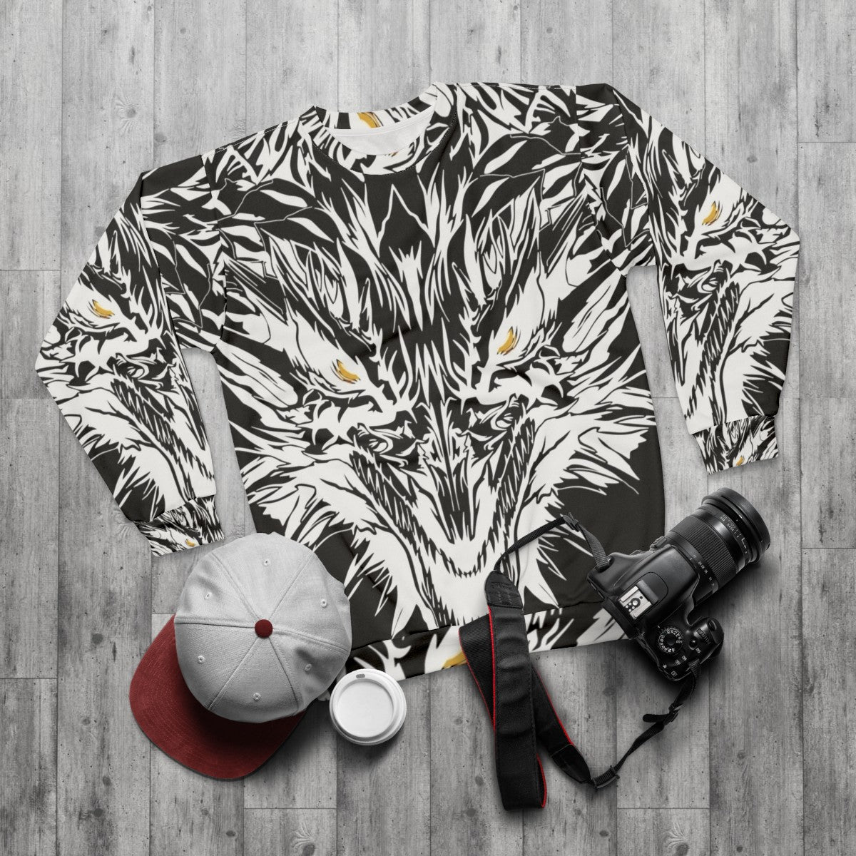 Mystic ice dragon tattoo design on white sweatshirt - flat lay