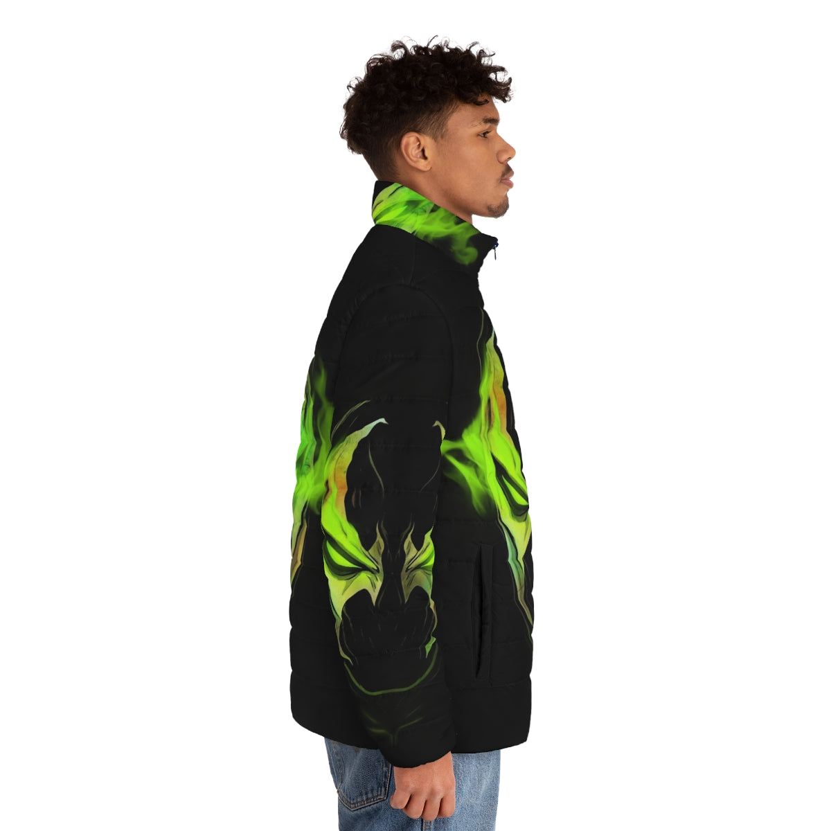 Lithium Spawn puffer jacket in a dark green color with powerful superhero design - men side right