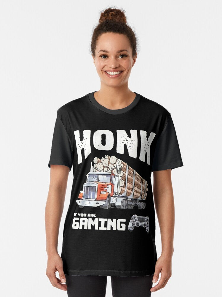 "HONK IF YOU ARE GAMING" graphic t-shirt for trucker gamers and video game enthusiasts - Women