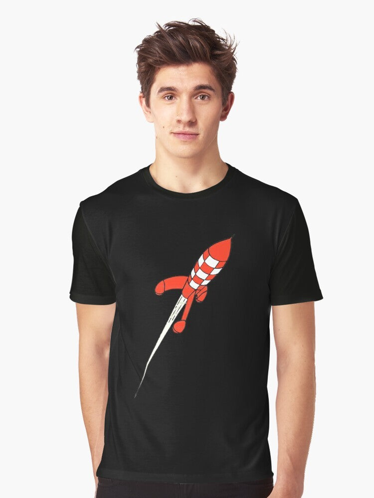 Graphic t-shirt featuring the iconic character Tintin and a rocket ship on the moon - Men