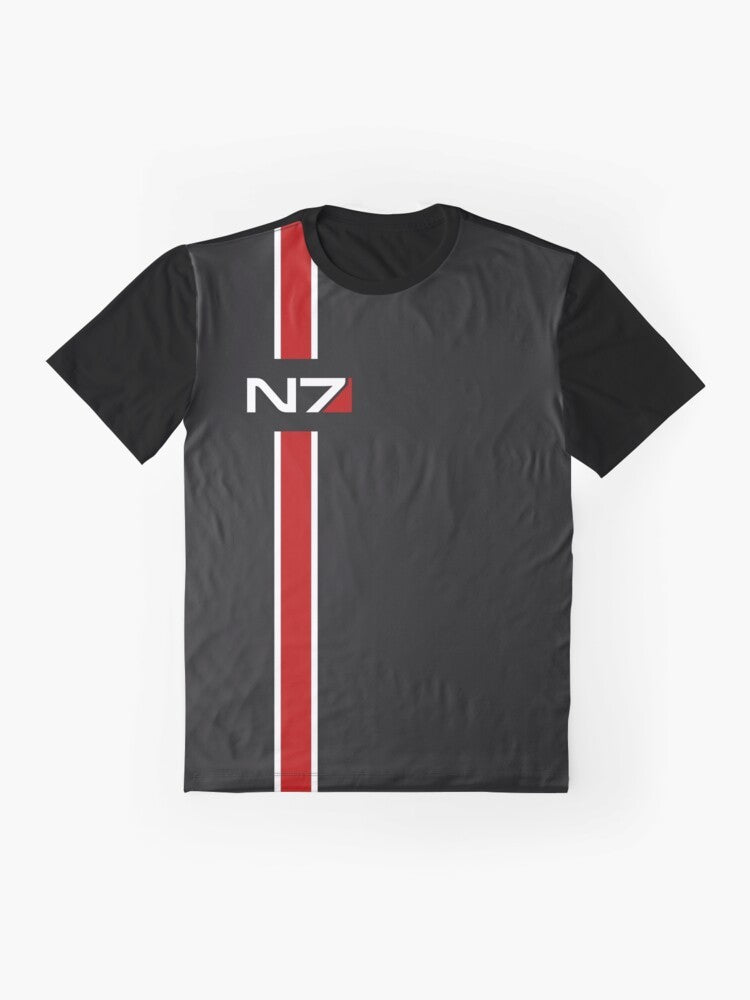 N7 emblem graphic t-shirt featuring Commander Shepard from the Mass Effect video game series - Flat lay