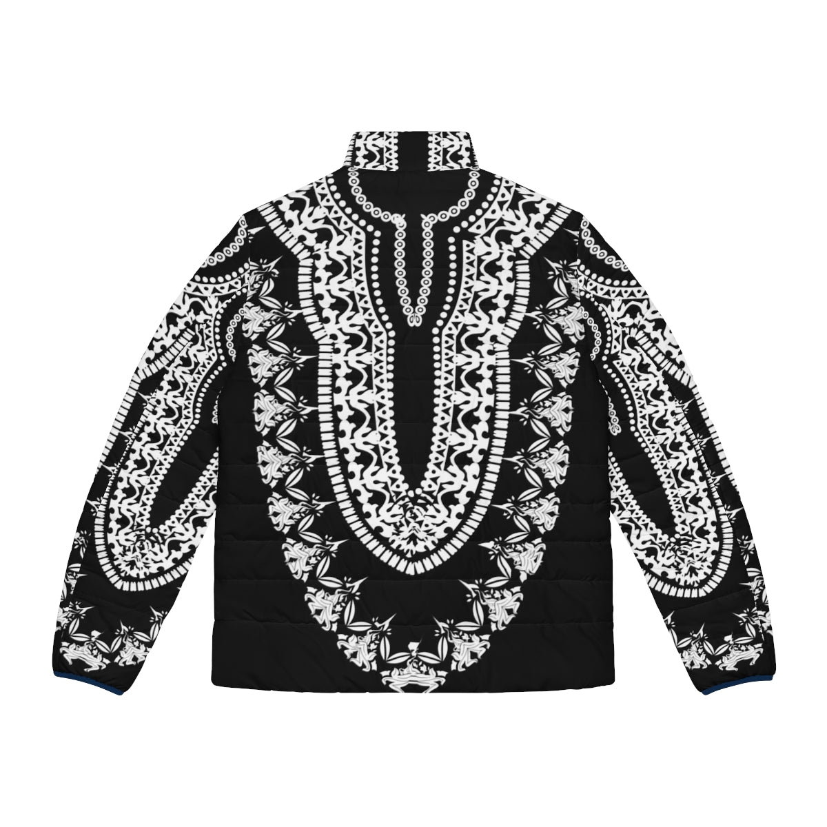 A black puffer jacket with a wakanda-inspired tribal pattern design - Back