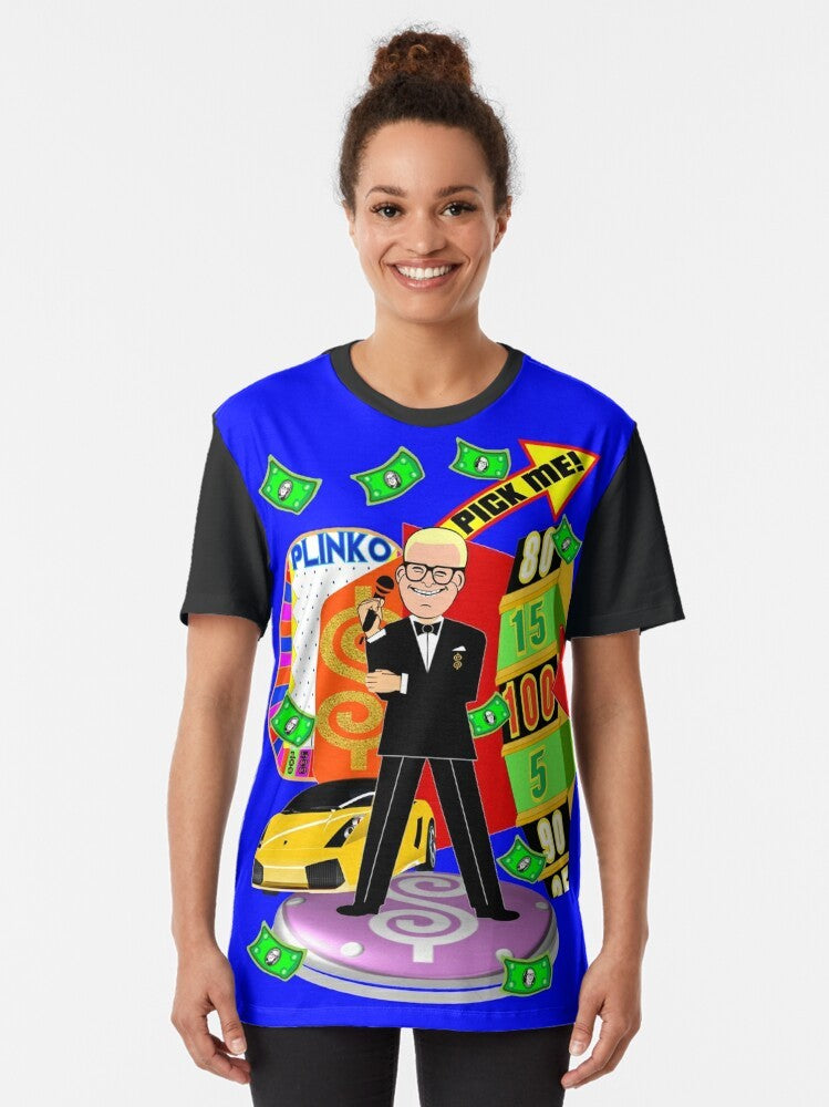 "The Price Is Right" game show graphic t-shirt featuring classic elements like the big wheel, showcases, and contestant row - Women